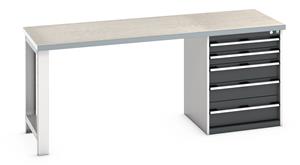 Bott Cubio Pedestal Bench with Lino Top & 5 Drawers - 2000mm Wide  x 750mm Deep x 840mm High. Workbench consists of the following components for easy self assembly:... 840mm High Benches